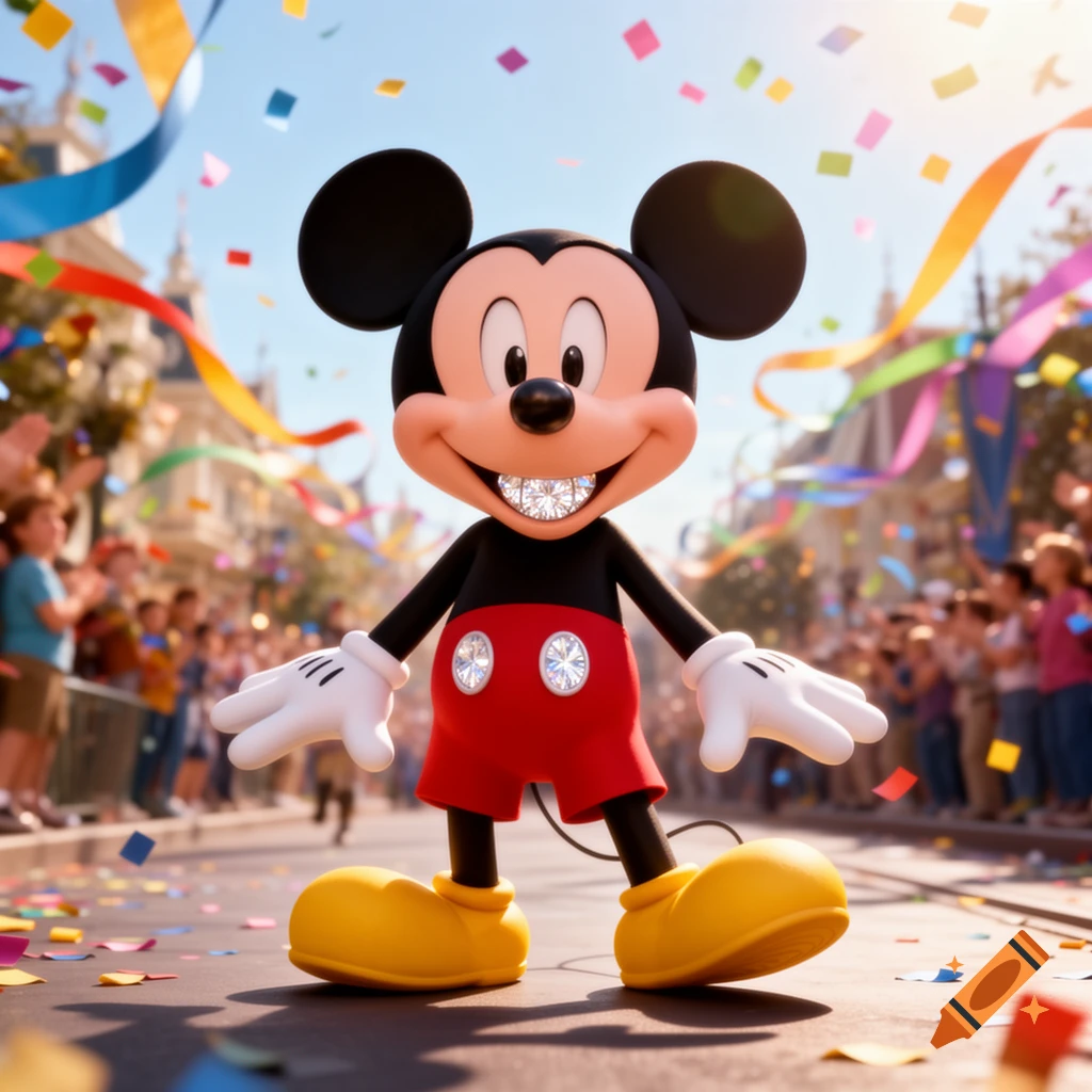 Mickey Mouse with shiny diamond teeth and buttons, in a sunny parade with confetti and cheering crowds.