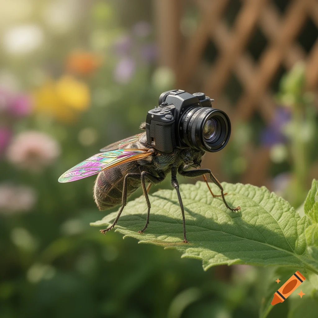 A detailed shot of a bug with iridescent wings standing on a green leaf, with a camera replacing its head. Photorealistic.