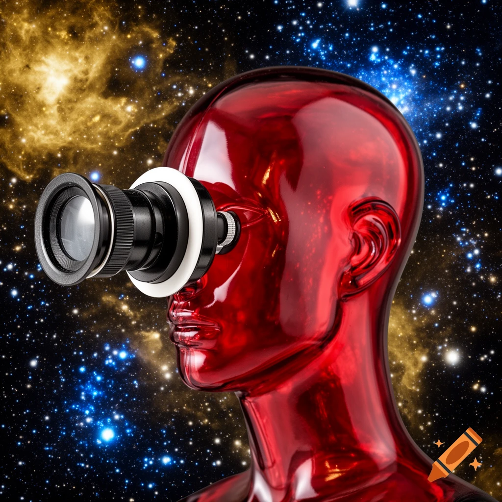 A red translucent mannequin head with a vintage viewfinder looks into a vibrant starry space background.