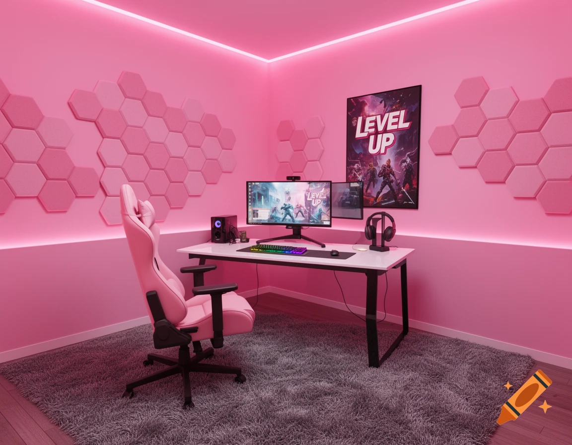 A pink gaming room with a desk, monitor, headphones, and a matching pink gaming chair, featuring hexagonal wall panels.