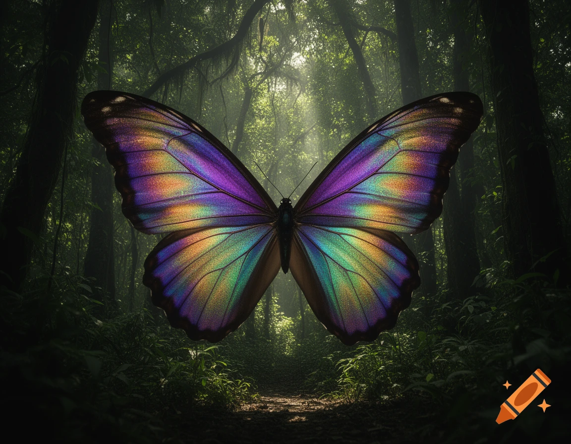 A super gigantic butterfly with iridescent rainbow-colored wings floats in a dense, sunlit rainforest.