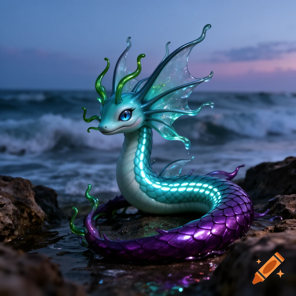 A cute, stylized sea dragon creature with glowing blue and purple scales and translucent fins sits on rocks by the ocean at dusk.