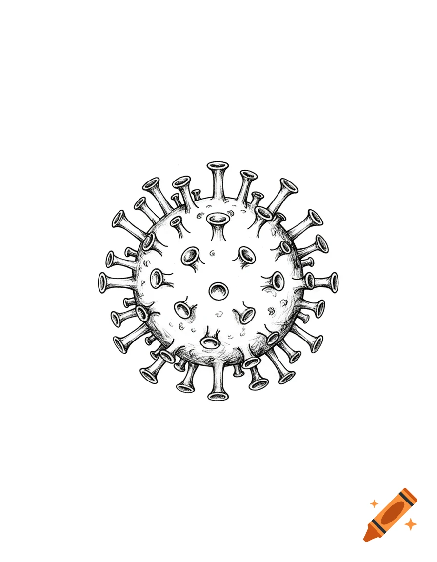 Simple black and white hand-drawn illustration of a coronavirus particle