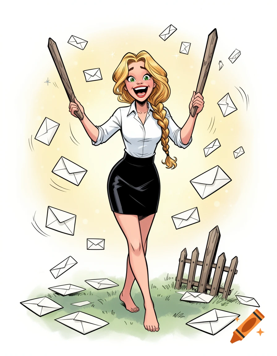 A barefoot cartoon woman with blonde braided hair, white shirt, and black mini-skirt laughs while holding two wooden sticks amidst flying envelopes and a broken fence.