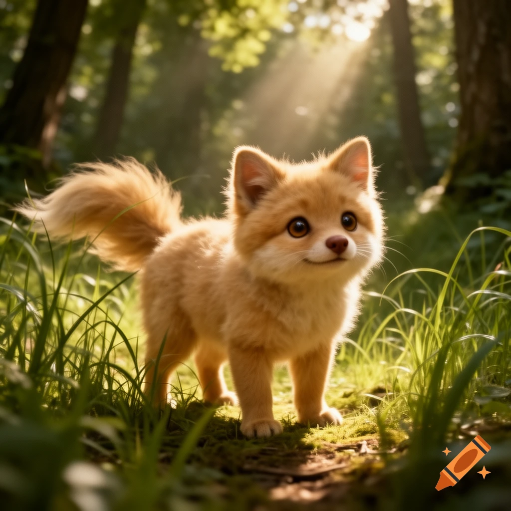 A cute, fluffy tan creature with big eyes stands in a sunlit forest, surrounded by green grass.