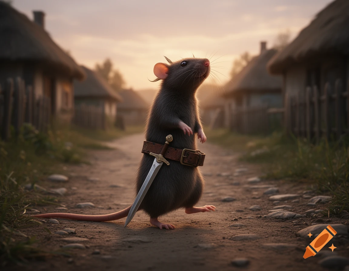 A photorealistic dark brown rat, wearing a sword belt, stands on two feet on a dirt path in a village at sunset.