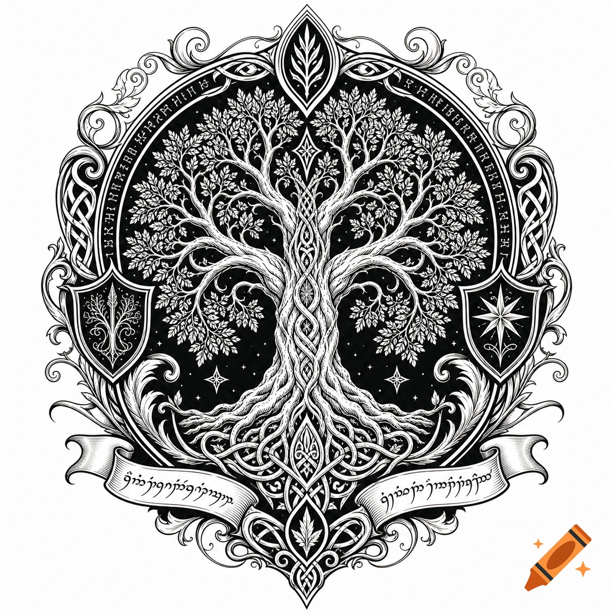 Detailed black and white fantasy illustration of a Tree of Life emblem with intricate roots and branches, surrounded by decorative medieval scrollwork, shields, and banners with stylized script.