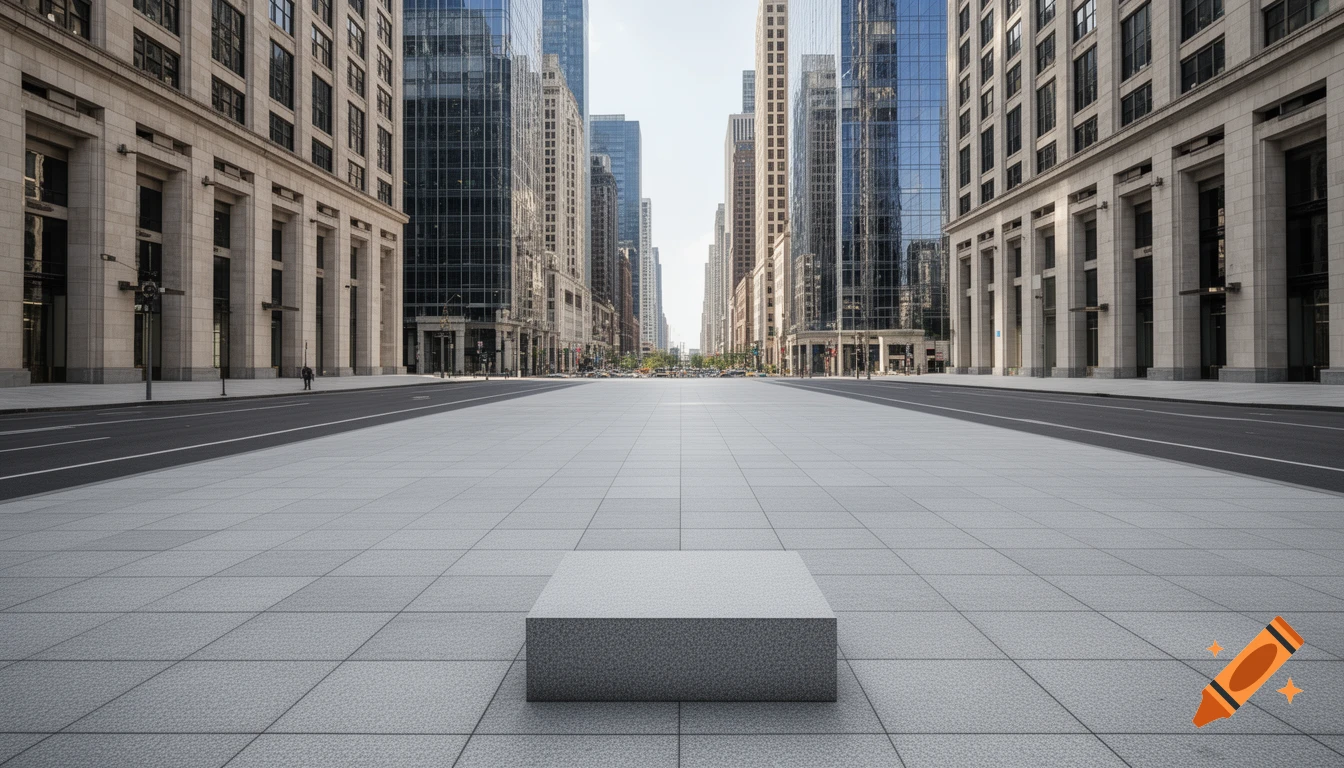 A wide, empty city plaza with a grey stone plinth in the foreground, surrounded by tall modern buildings and a street.