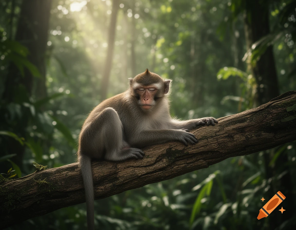 A photorealistic image of a monkey sleeping peacefully on a thick tree branch in a lush, sunlit jungle.