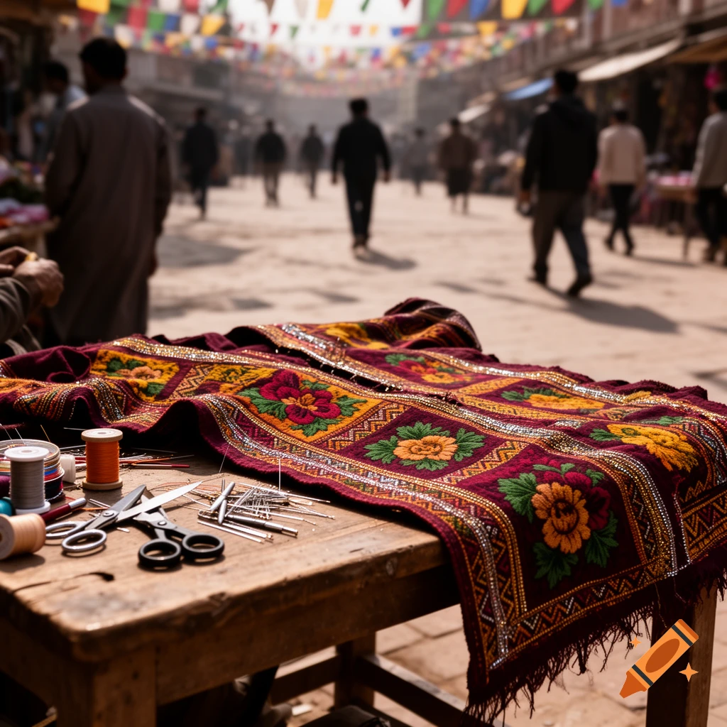 A close-up of a table with richly embroidered fabric, spools of thread, scissors, and needles, in a bustling street market.
