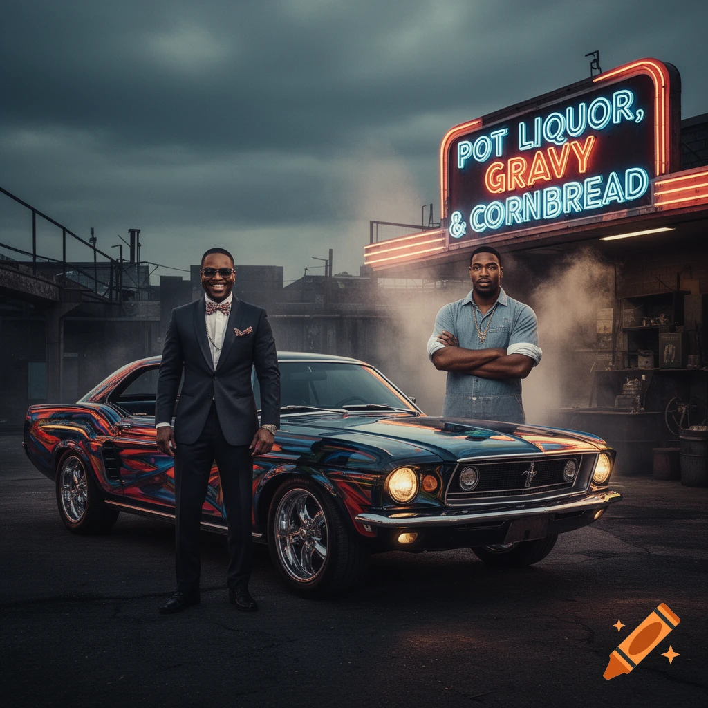 Two men stand by a custom-painted classic car under a neon sign for "Pot Liquor, Gravy & Cornbread" in a dim, urban setting.