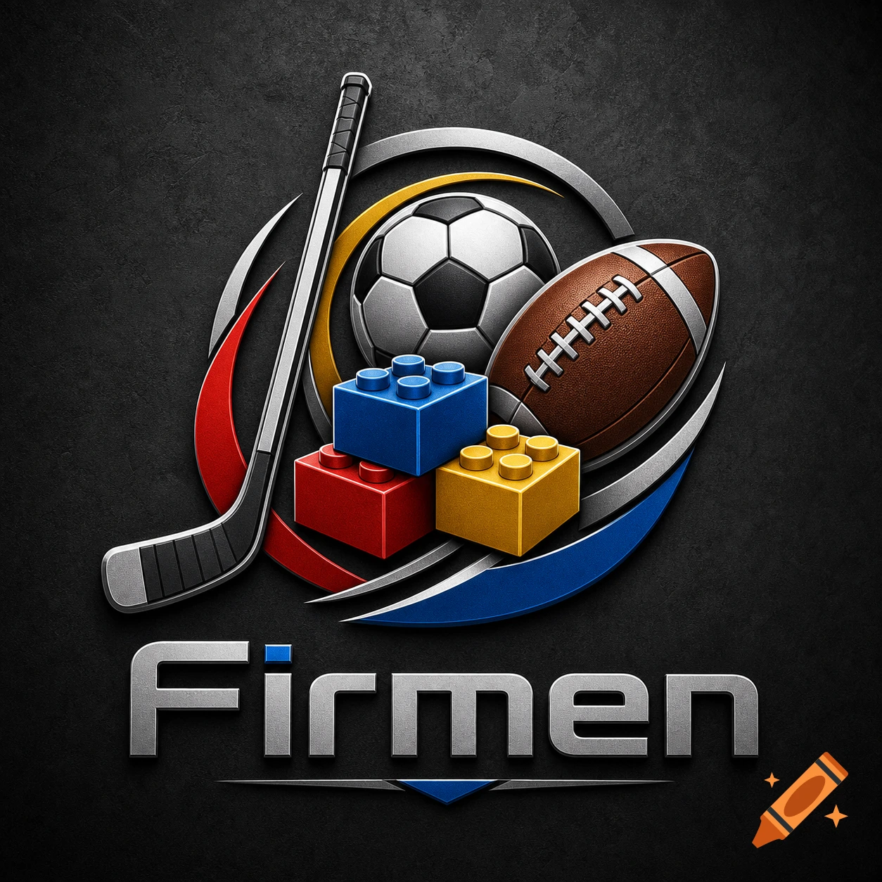 Stylized logo featuring a hockey stick, soccer ball, American football, and building blocks on a dark background, with the word 'Firmen' below.