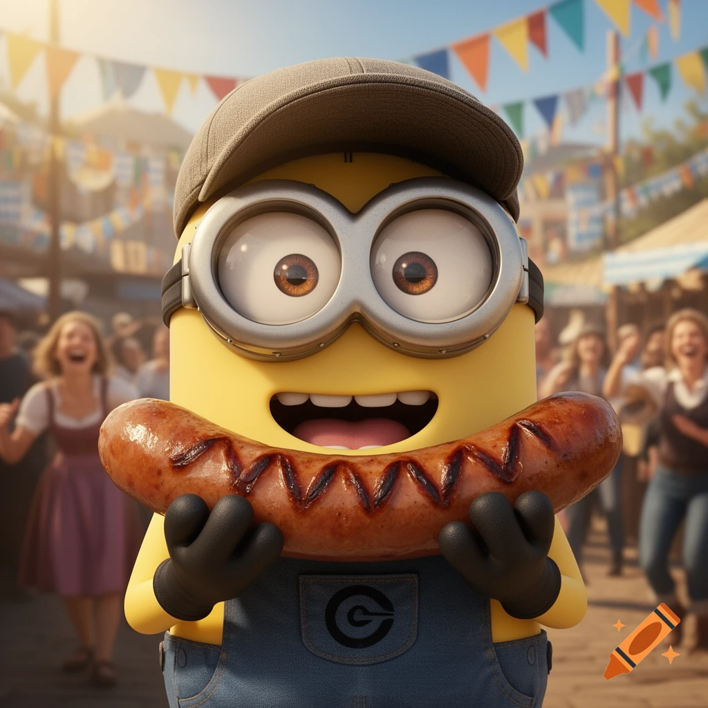 A happy Minion wearing a cap and overalls holds a grilled bratwurst at a lively outdoor festival.