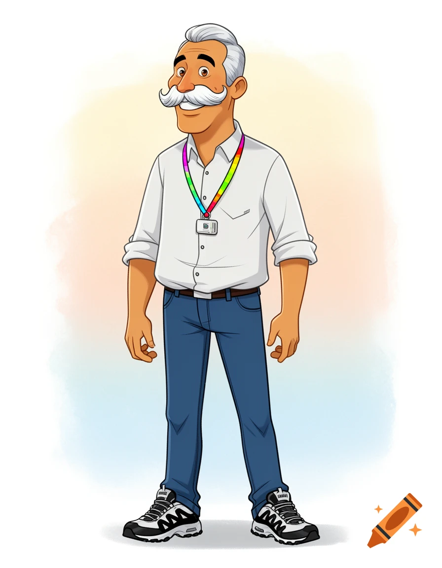 A cartoon man with grey hair and a thick white mustache, wearing a white button-down shirt, jeans, a rainbow lanyard, and sneakers.