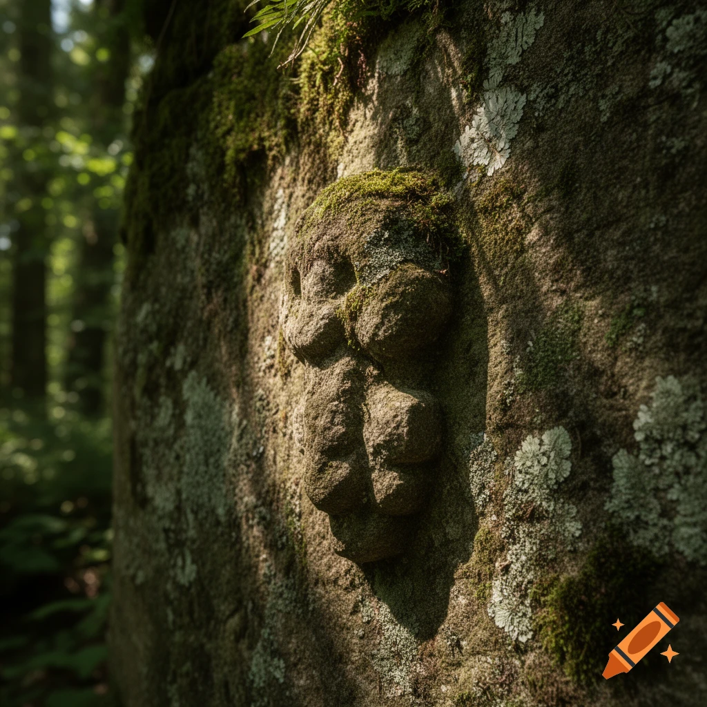 Close-up of a moss-covered stone carving on a wall in a forest, dappled with sunlight.