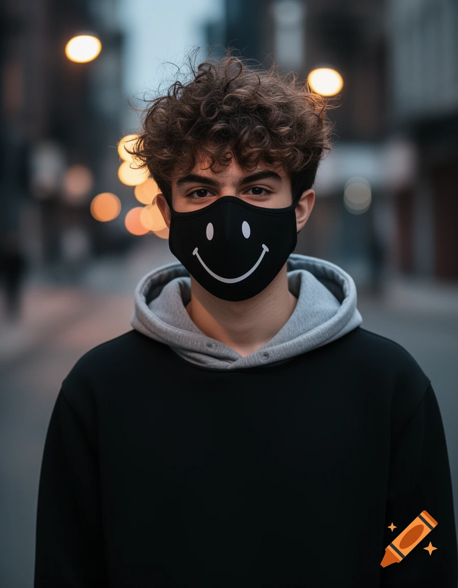 A young man with curly brown hair wearing a black hoodie and a black mask with a white smiley face, against a blurry urban background.