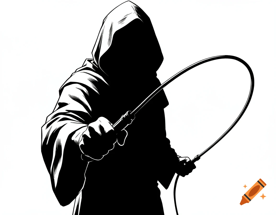 A dynamic black and white illustration of a hooded figure holding a whip, in a film noir or comic book style.