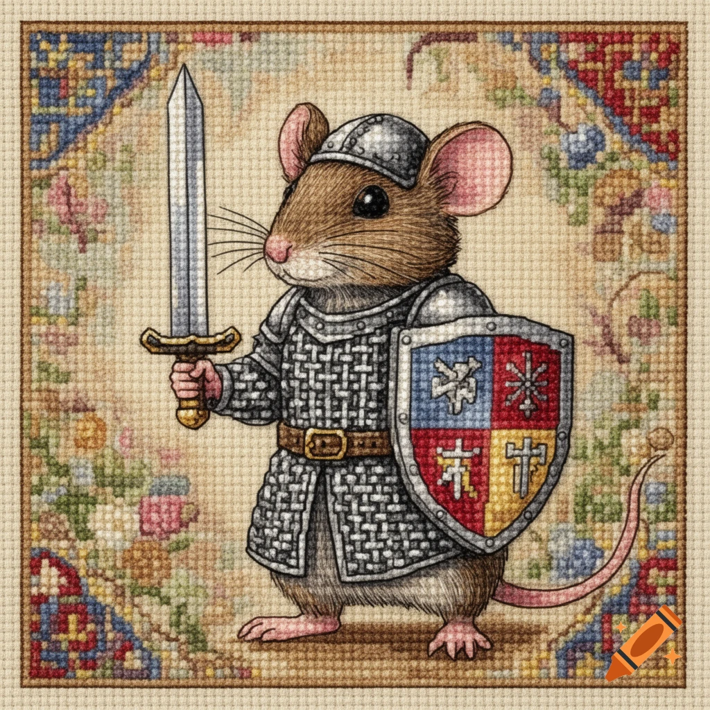 Cross-stitch pattern of a knight mouse in chainmail armor, holding a sword and a shield, against an ornate background.