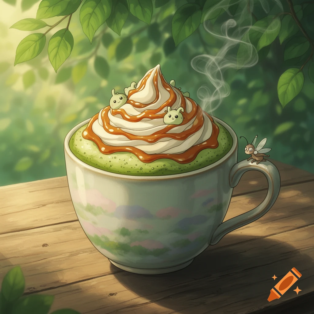 A whimsical Studio Ghibli style illustration of a matcha latte topped with whipped cream, caramel, and small green creatures, on a wooden table outdoors.