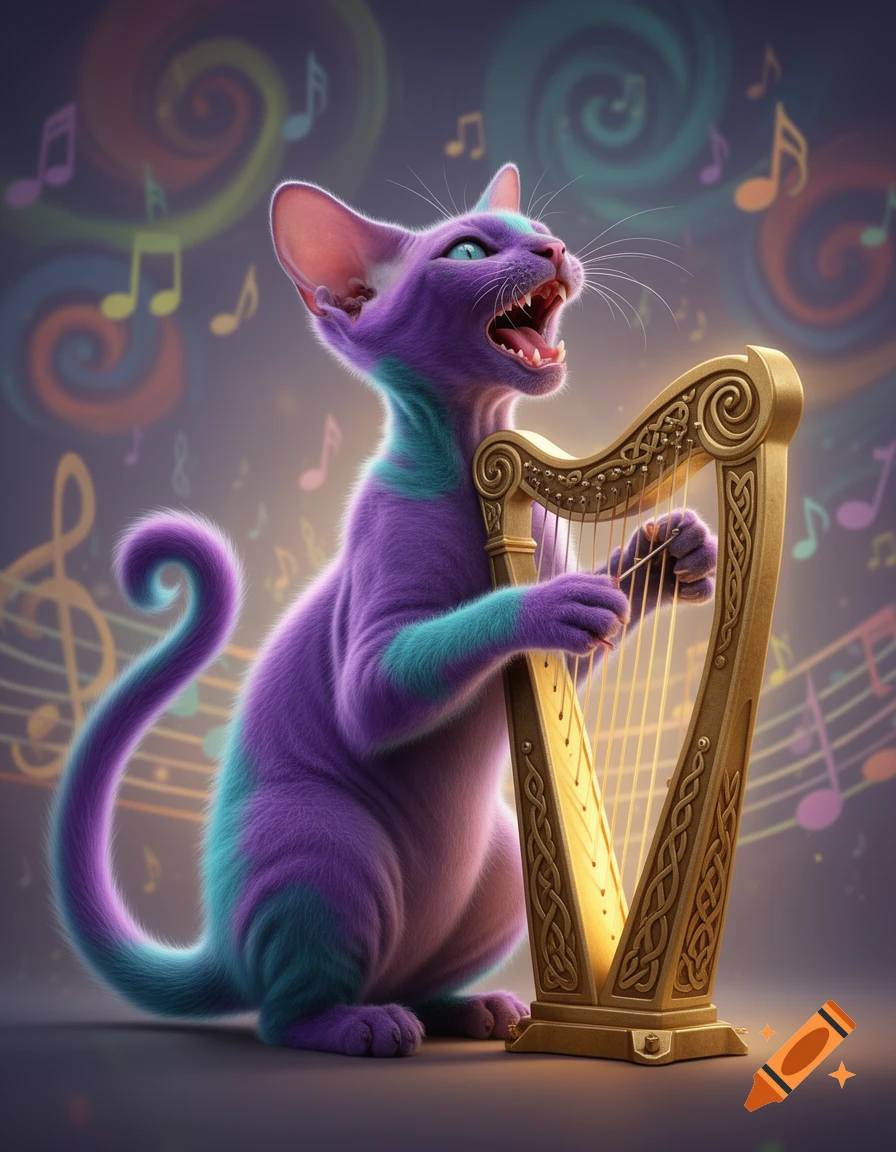 A whimsical purple and teal cat meows while playing a golden harp against a backdrop of colorful musical notes.
