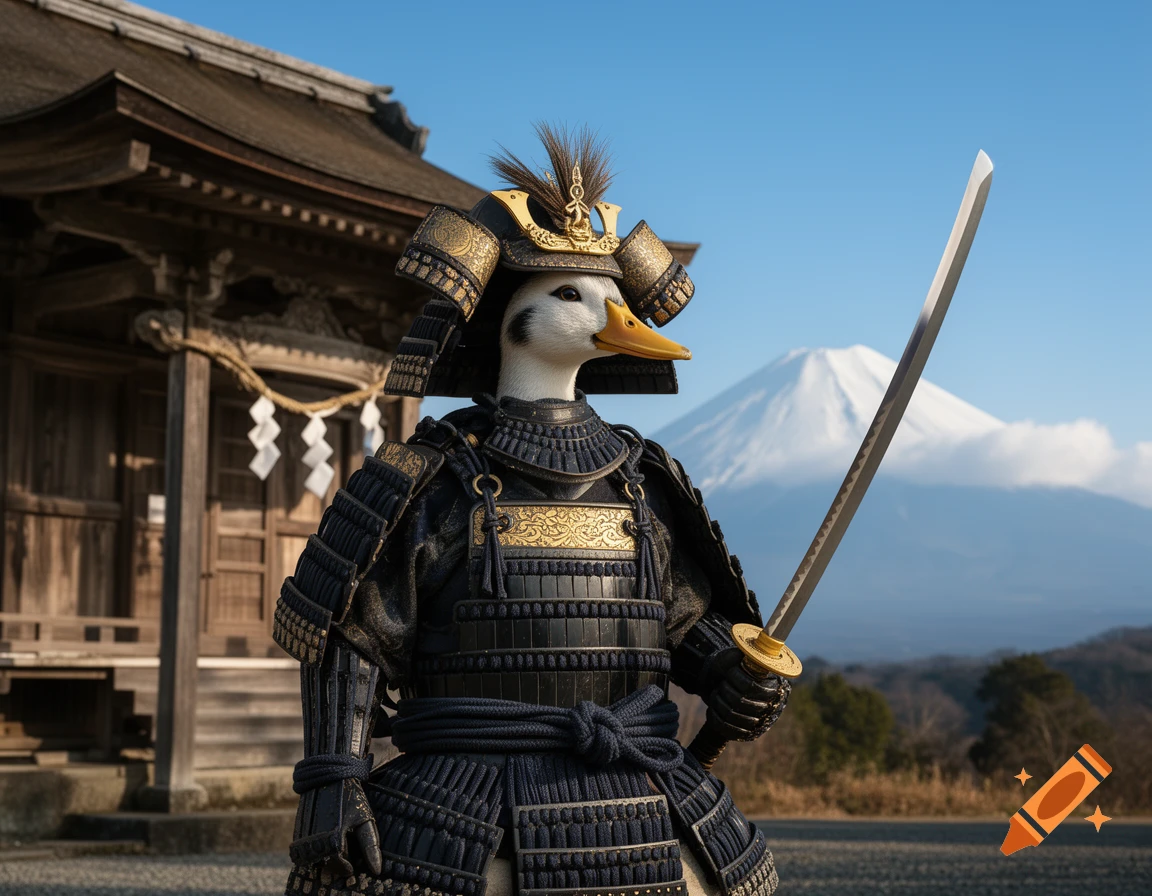 Photorealistic image of a noble duck in Japanese Samurai armor, holding a sword, in front of a Shinto shrine with Mt. Fuji.