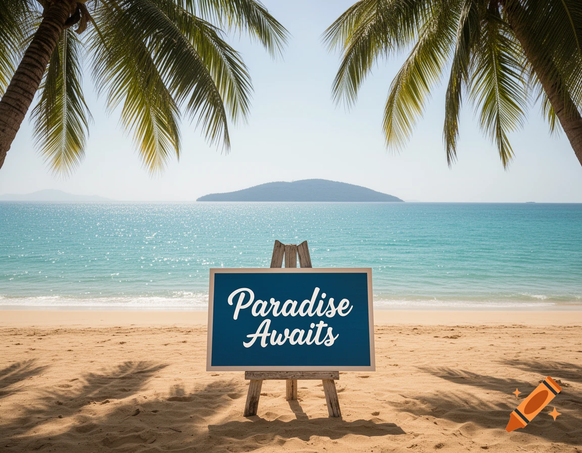 A blue sign reading "Paradise Awaits" on a sandy beach, framed by palm trees, with a calm turquoise ocean and distant island.