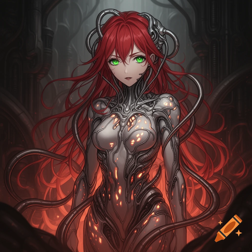 Anime-style red-haired woman with green eyes in a glowing biomechanical suit, surrounded by wires and orange light.