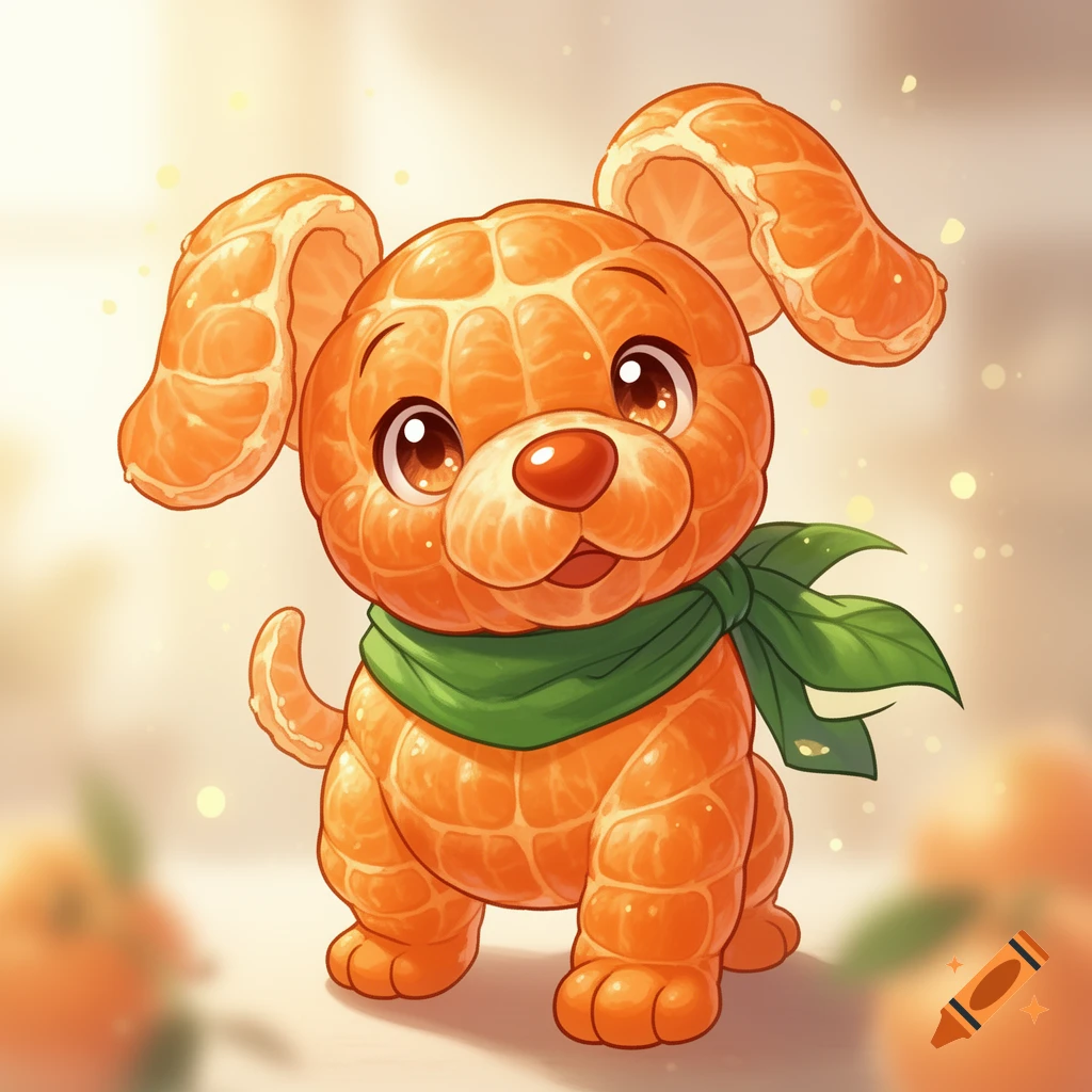 A cute manga-style anthropomorphic dog made of mandarin orange segments, wearing a green leaf scarf.