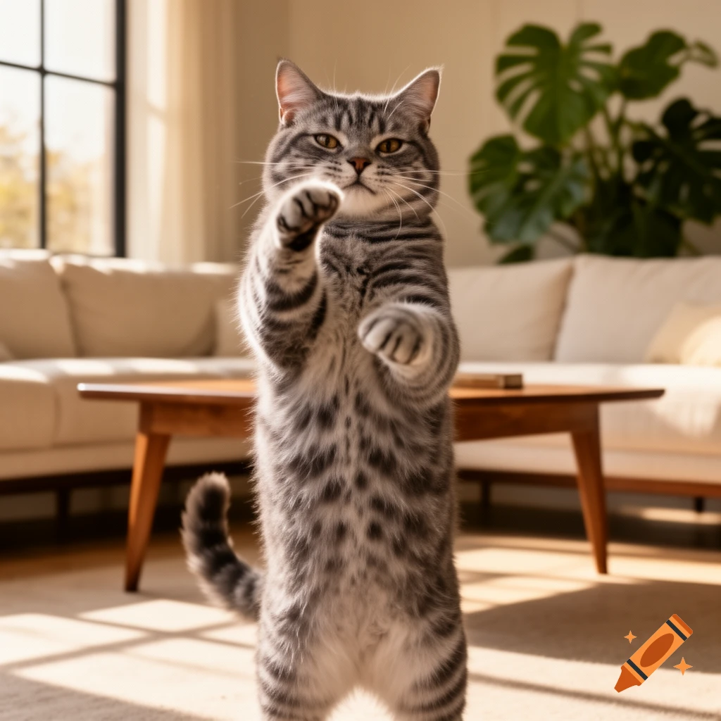 Photorealistic gray tabby cat standing on hind legs, reaching out with one paw in a sunlit living room with a couch and plant.