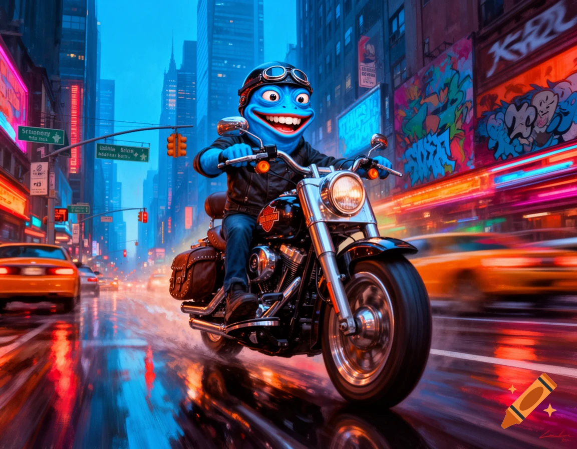 Crazy Frog rides a detailed Harley Davidson motorcycle through a neon-lit, rain-slicked city street at dusk, in a vibrant, photorealistic style.