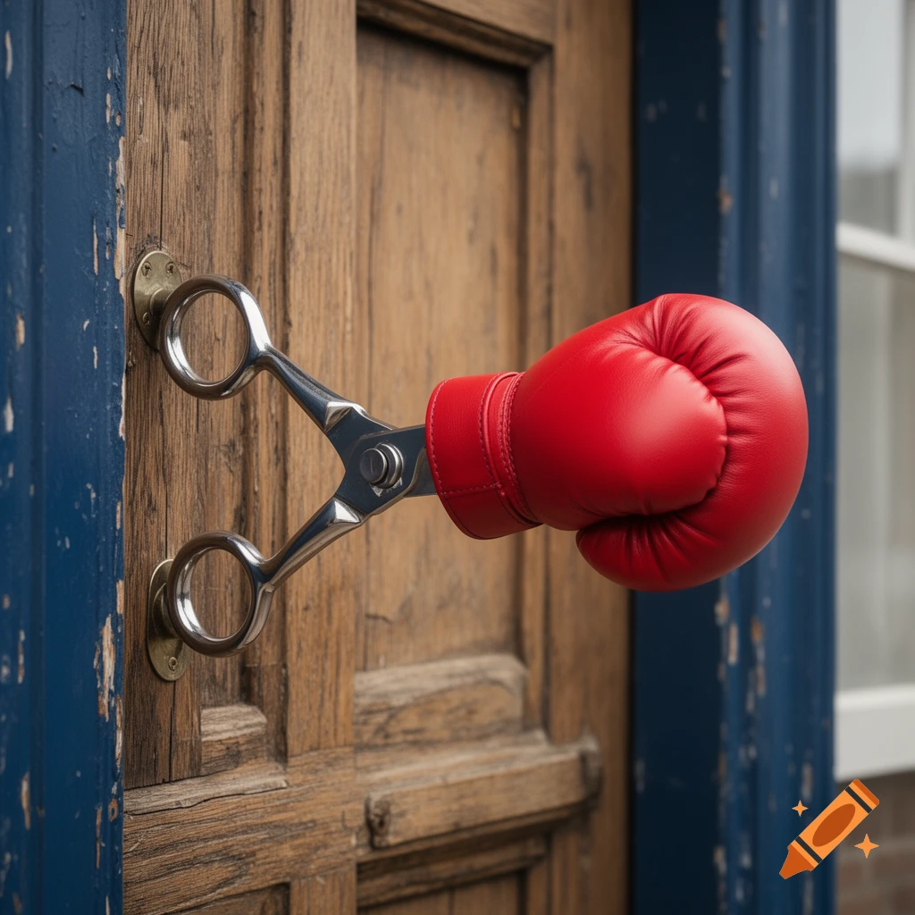 A red boxing glove is attached to a metallic scissor mechanism, which is mounted on a weathered wooden door.