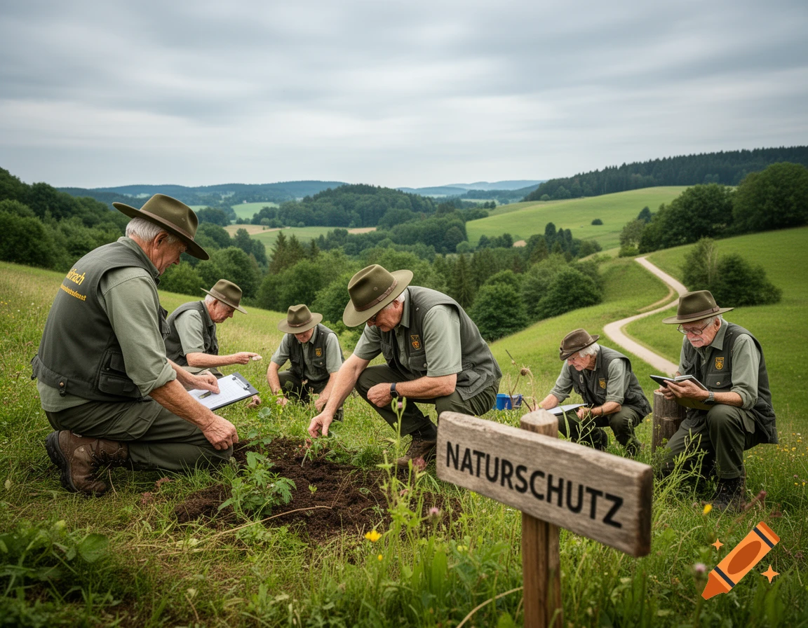 Older men in green uniforms and hats plant and inspect plants in a lush green field, a 'NATURSCHUTZ' sign visible.