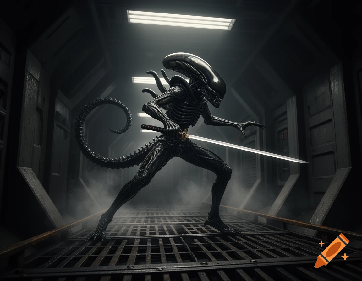 A black Xenomorph creature with a long coiled tail stands in a dark, metallic sci-fi corridor, holding a gleaming katana.