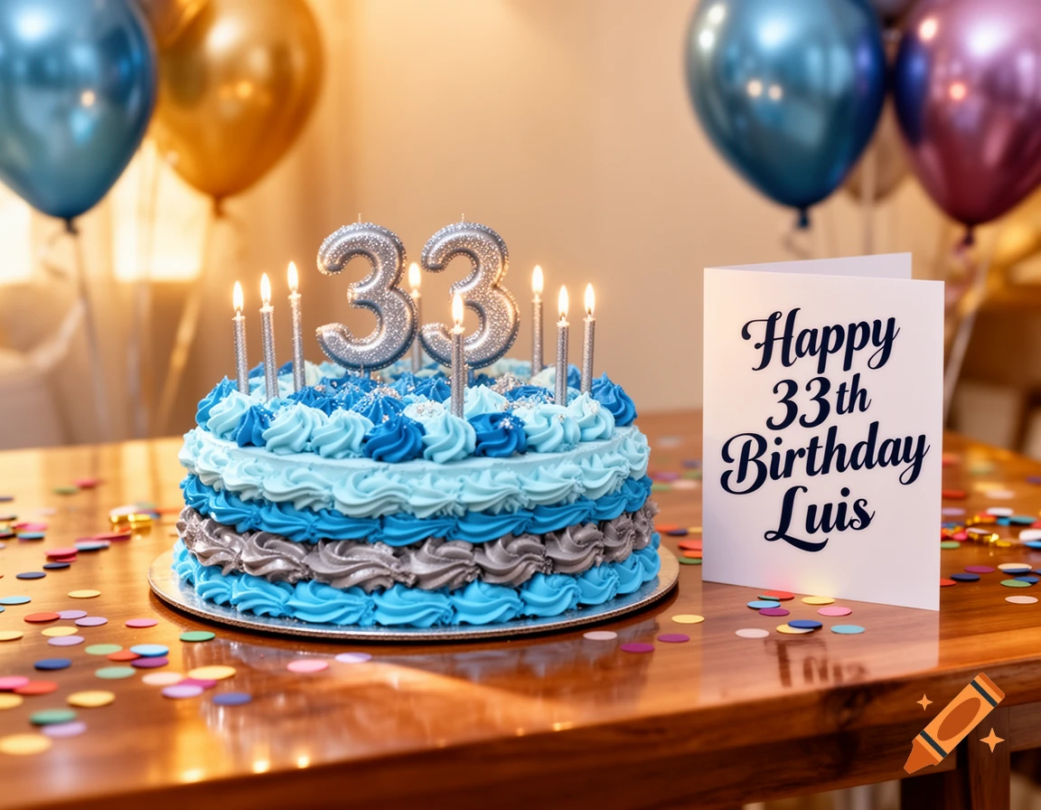 A photorealistic image of a blue and silver birthday cake with lit "33" candles and a "Happy 33th Birthday Luis" card, surrounded by confetti and balloons on a wooden table.