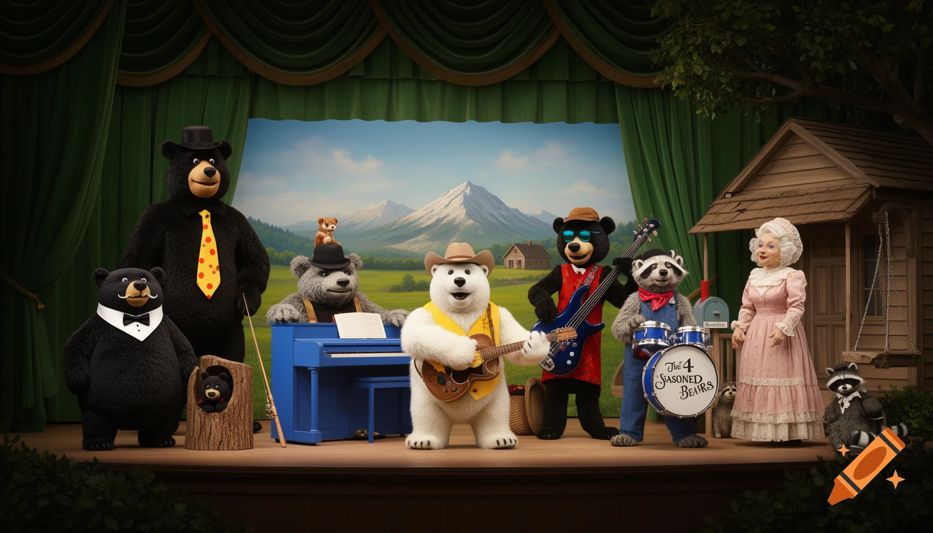 An animatronic stage show featuring various bears and a raccoon playing instruments, with an elderly woman puppet.