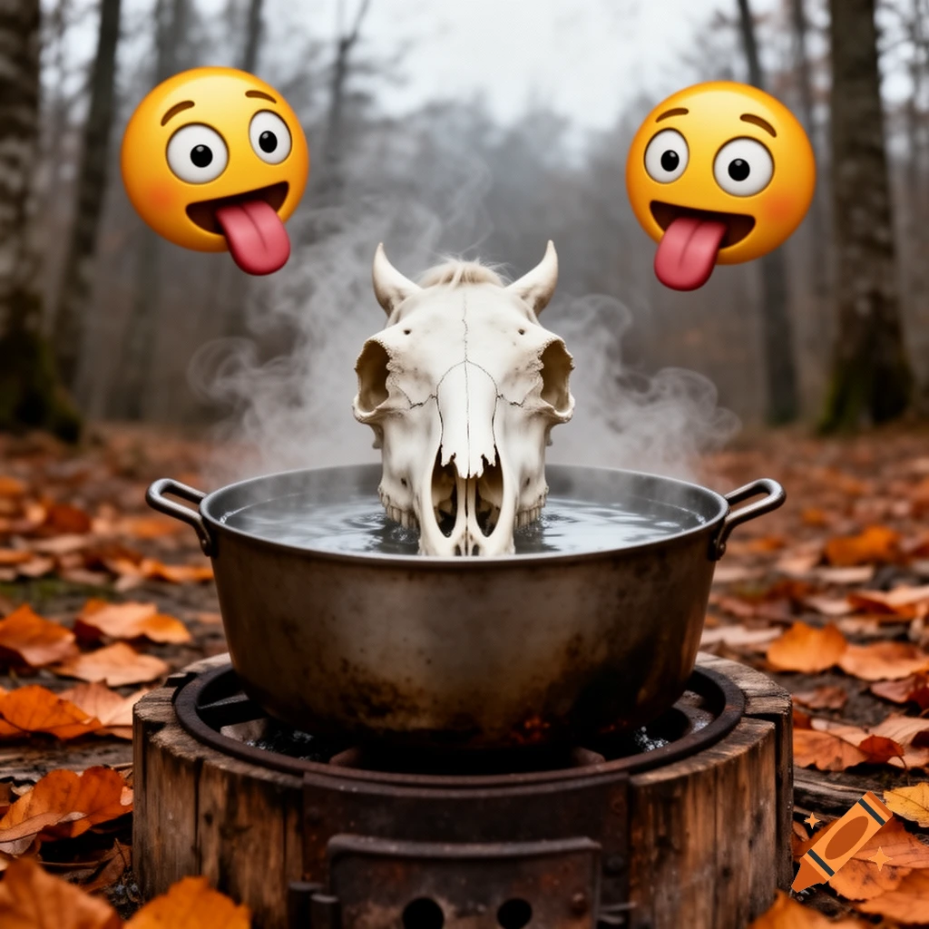 A horse skull boils in a pot over a rustic fire in a misty autumn forest, flanked by two cartoonish, tongue-out emojis.
