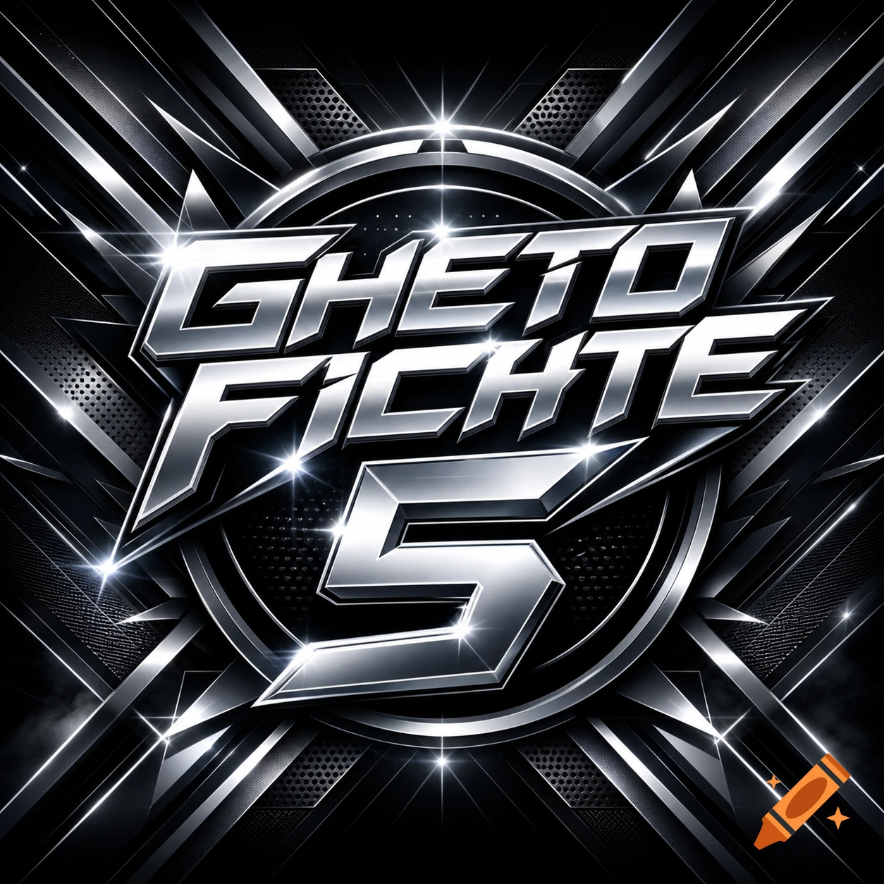 Shiny silver metallic logo with 'GHETO FICHTE 5' in bold, stylized font, surrounded by sharp abstract shapes and light flares.