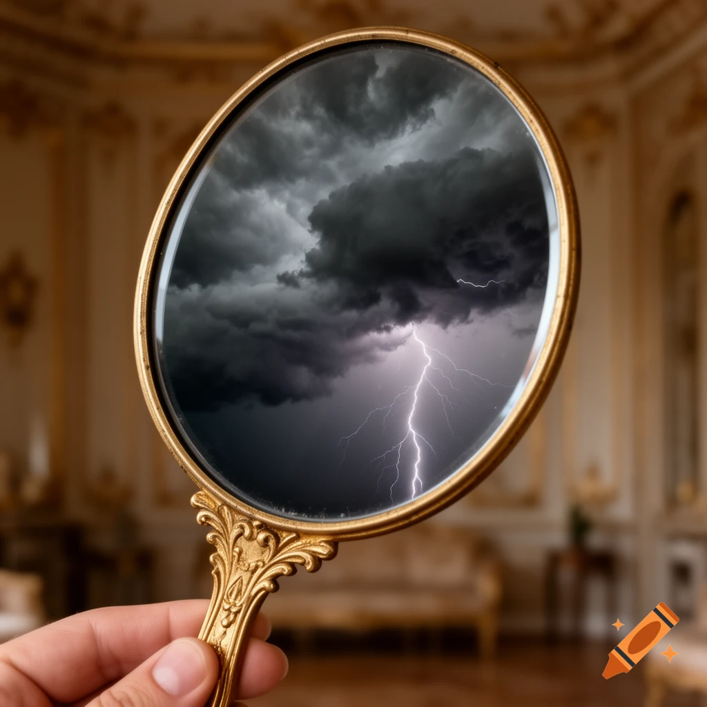 A hand holds an ornate gold handheld mirror reflecting a dramatic stormy sky with bright lightning against a blurred opulent room.