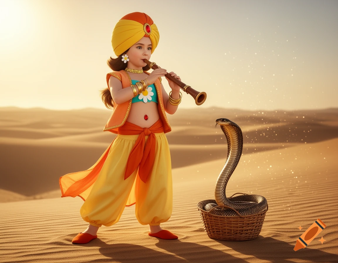 A child dressed as Princess Daisy in a snake charmer costume plays a pungi flute to a cobra rising from a basket in a desert.