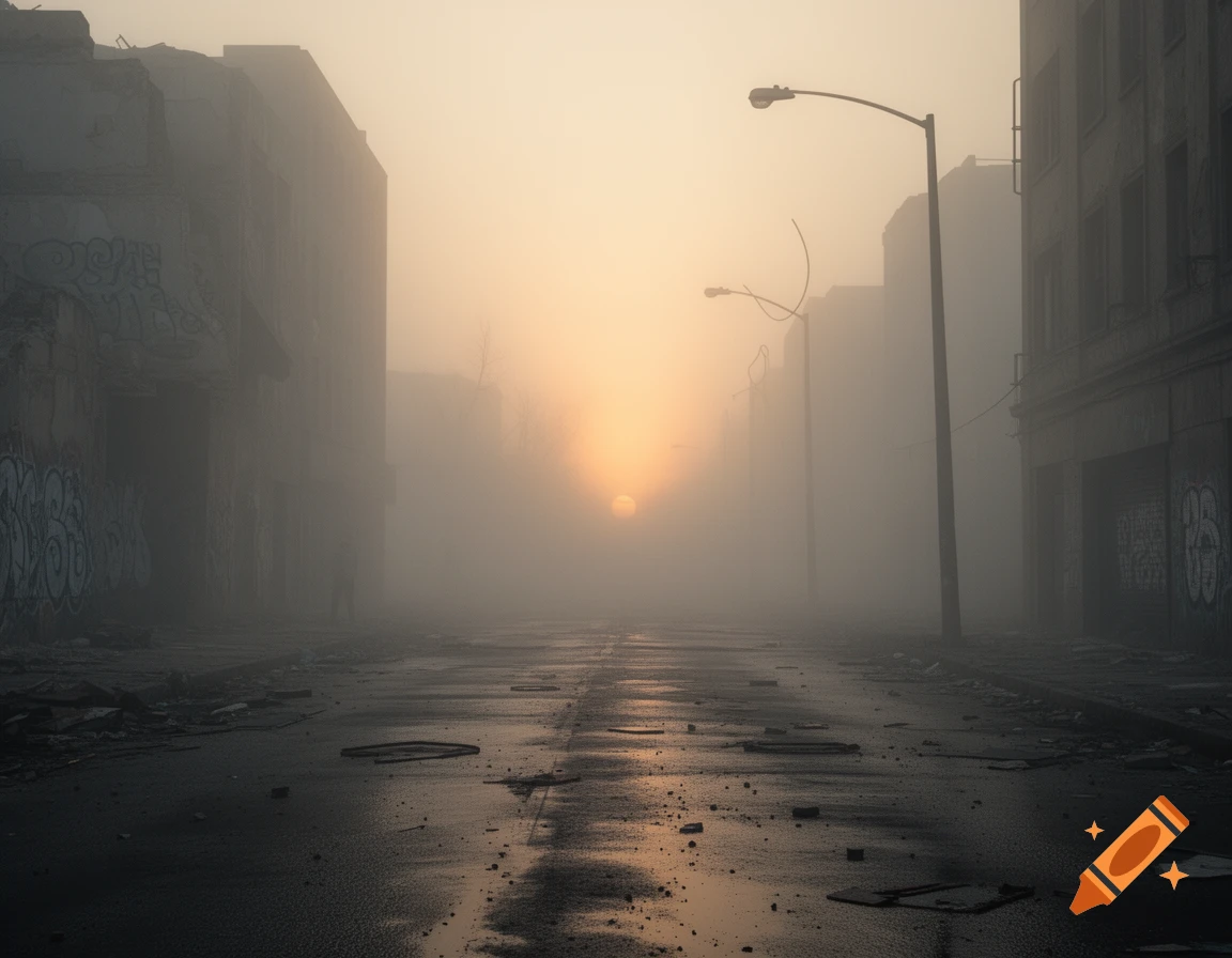 A foggy, desolate urban street at sunset with abandoned buildings covered in graffiti under an orange sky.