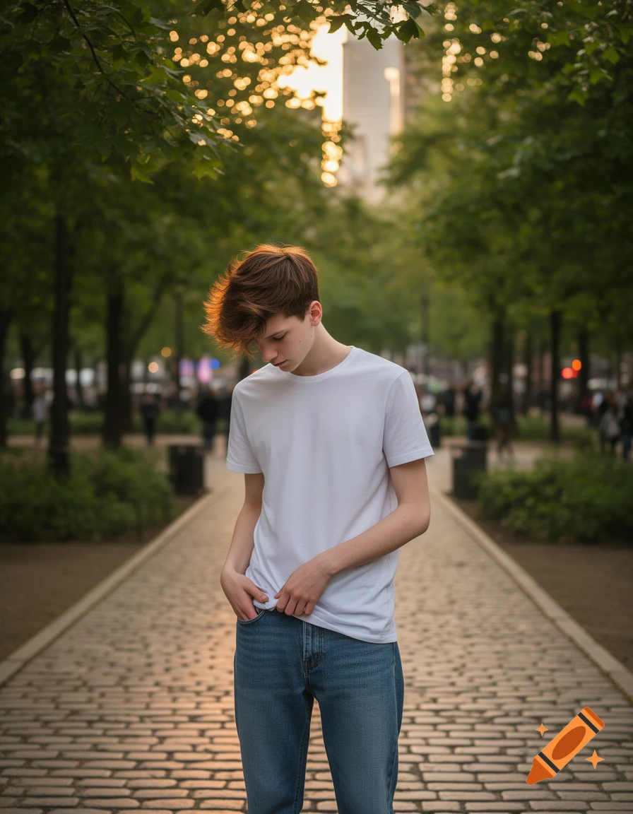 A shy young man with brown hair in a white t-shirt and jeans stands on a cobblestone path in a park at sunset, looking down.