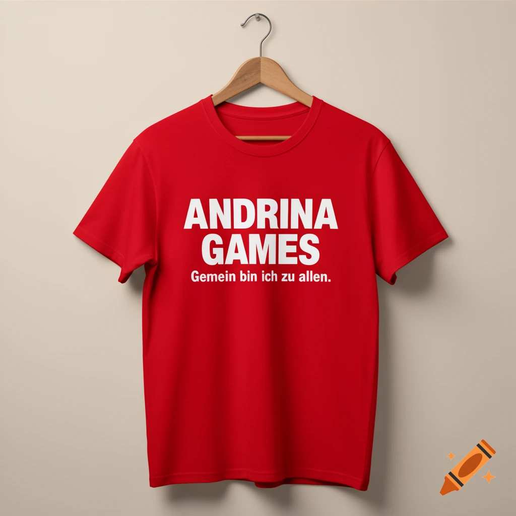 A red t-shirt hanging on a wooden hanger, featuring white text 'ANDRINA GAMES Gemein bin ich zu allen.'