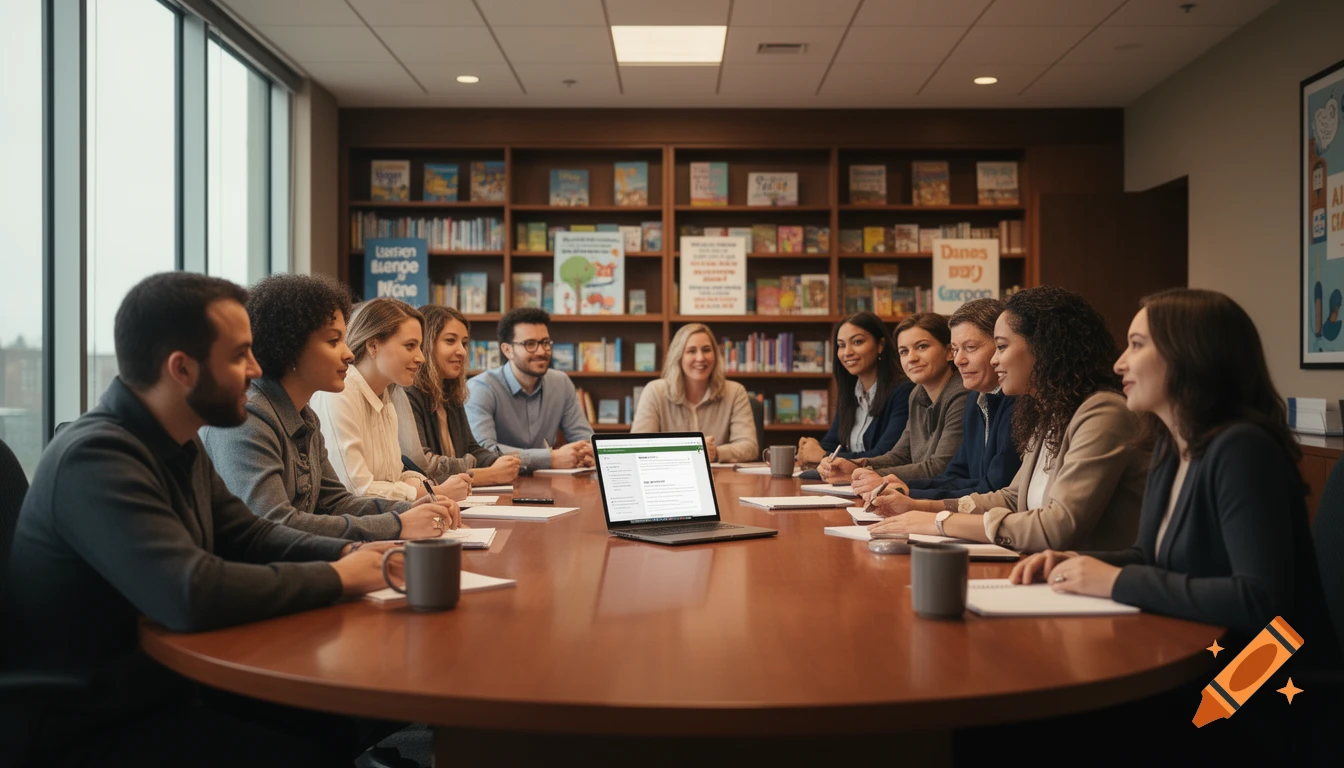 A diverse group of professionals in business attire smiling and taking notes around a large wooden conference table with a laptop open.