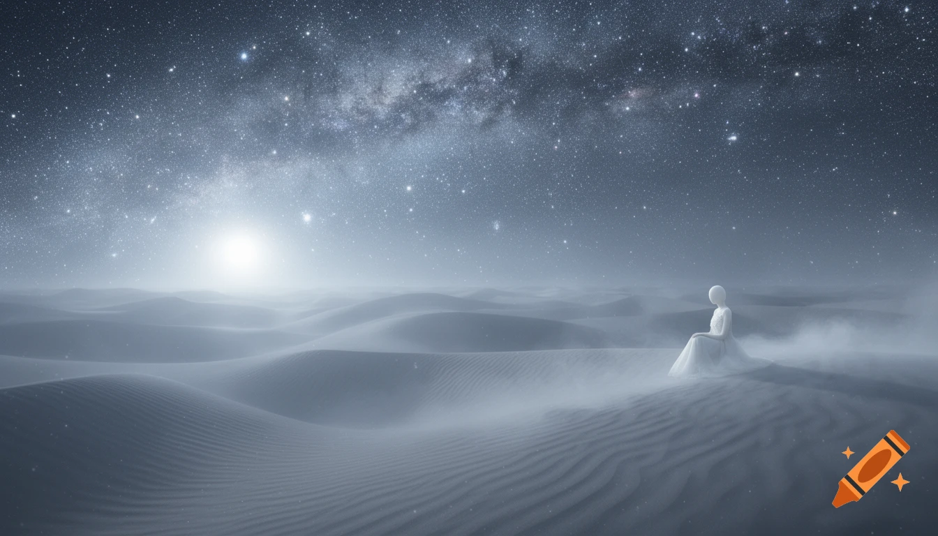 A surreal landscape with a vast starry sky and luminous horizon over soft, gray-white dunes, where a small, undetailed white figure sits.