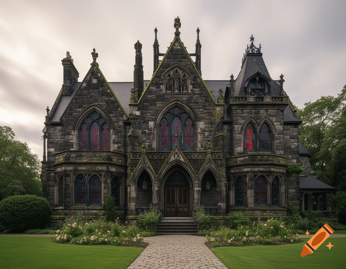 A grand, dark stone Gothic Victorian mansion with pointed stained-glass windows, set amidst a green lawn and rose bushes under an overcast sky.