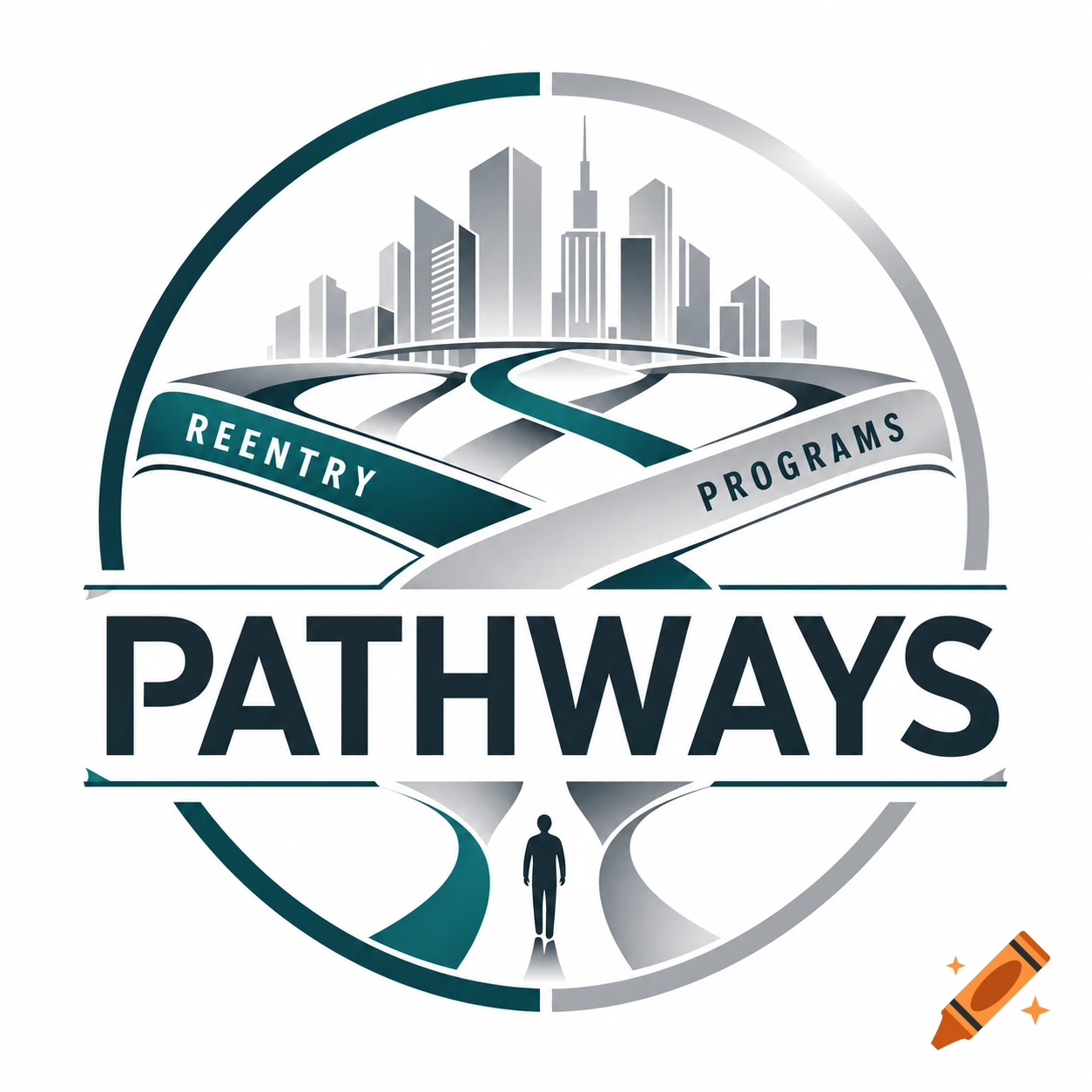 A logo with a cityscape, winding pathways, and a person's silhouette, featuring the words 'REENTRY,' 'PROGRAMS,' and 'PATHWAYS.'