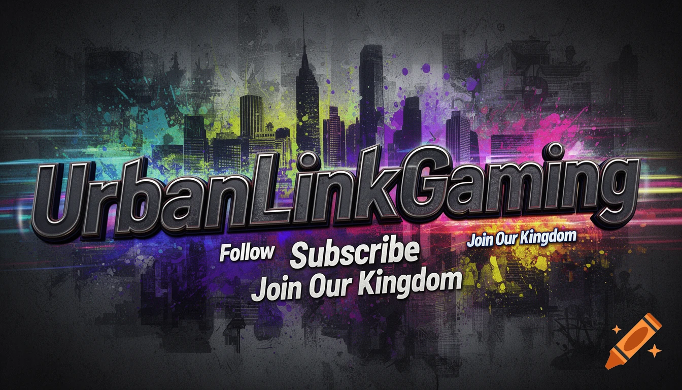 Dynamic banner for UrbanLinkGaming with 3D text, a colorful grunge cityscape, and calls to 'Follow', 'Subscribe', 'Join Our Kingdom'.