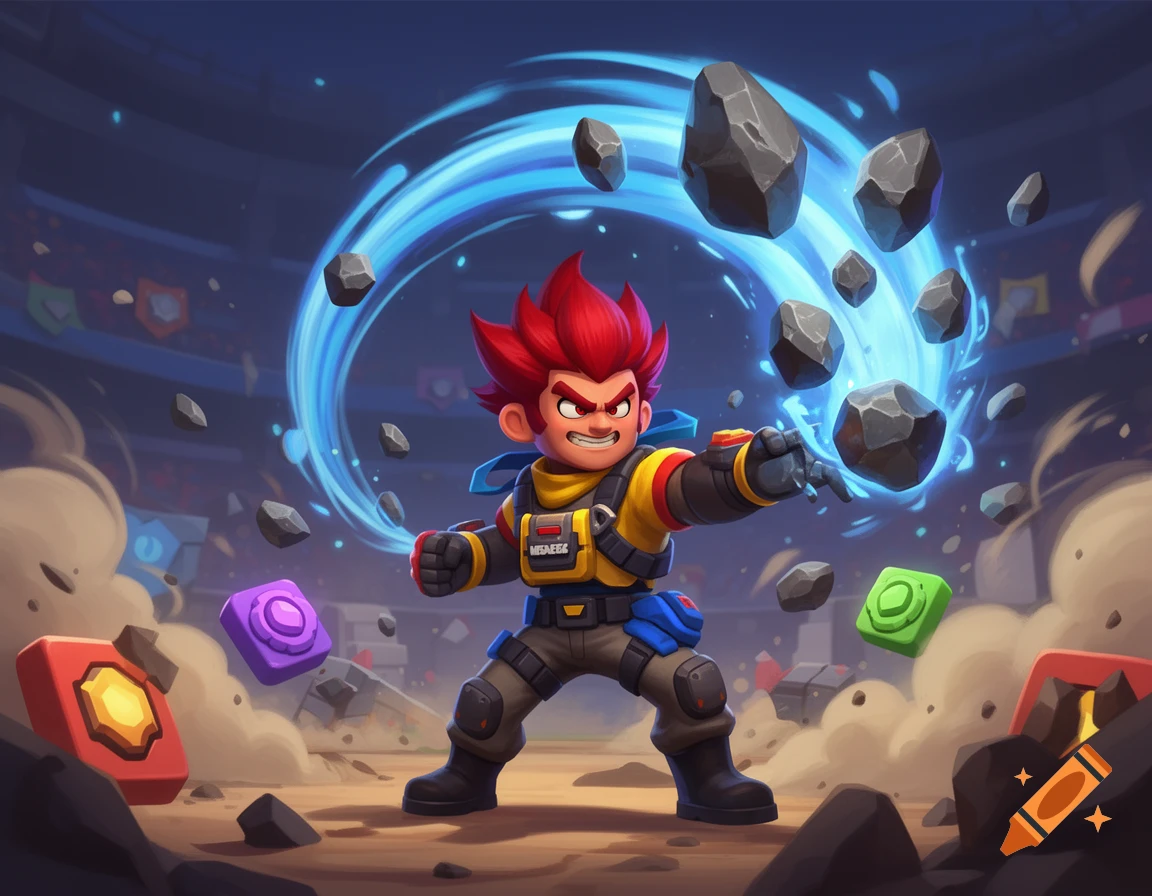 A cartoon character with spiky red hair in a yellow and black outfit throws rocks with a blue energy swirl in a stadium arena.