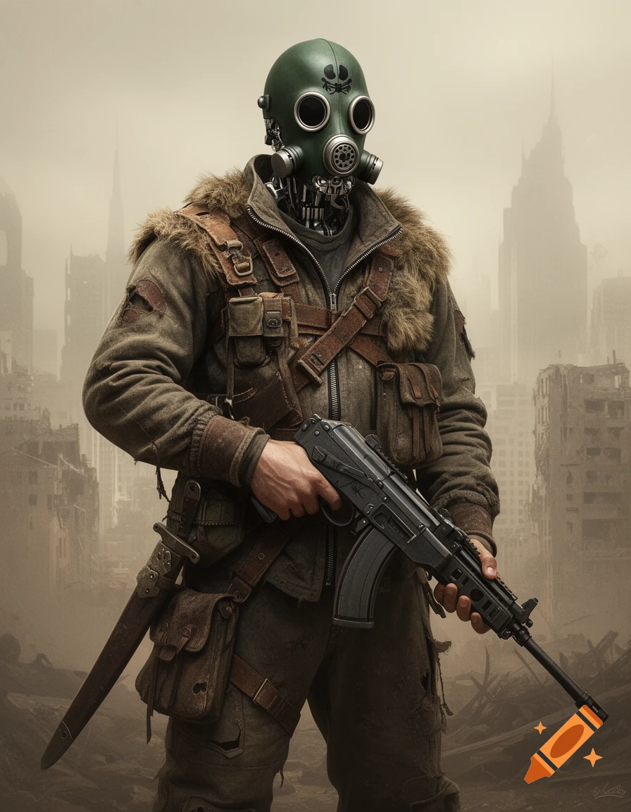 A futuristic soldier in a green gas mask and ragged fur-lined coat holds a rifle in a desolate, ruined city, in concept art style.