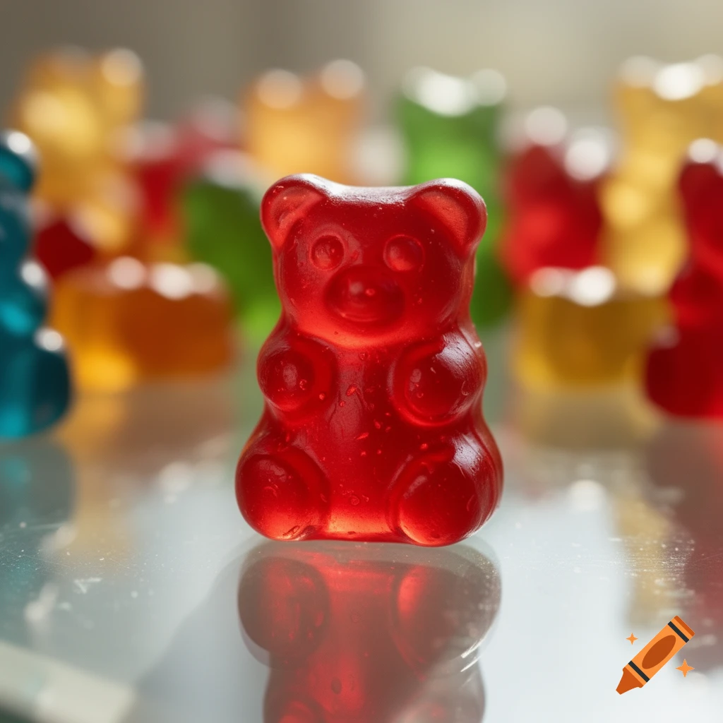 A close-up of a translucent red gummy bear reflecting on a glossy surface, with other colorful gummy bears blurred in the background.